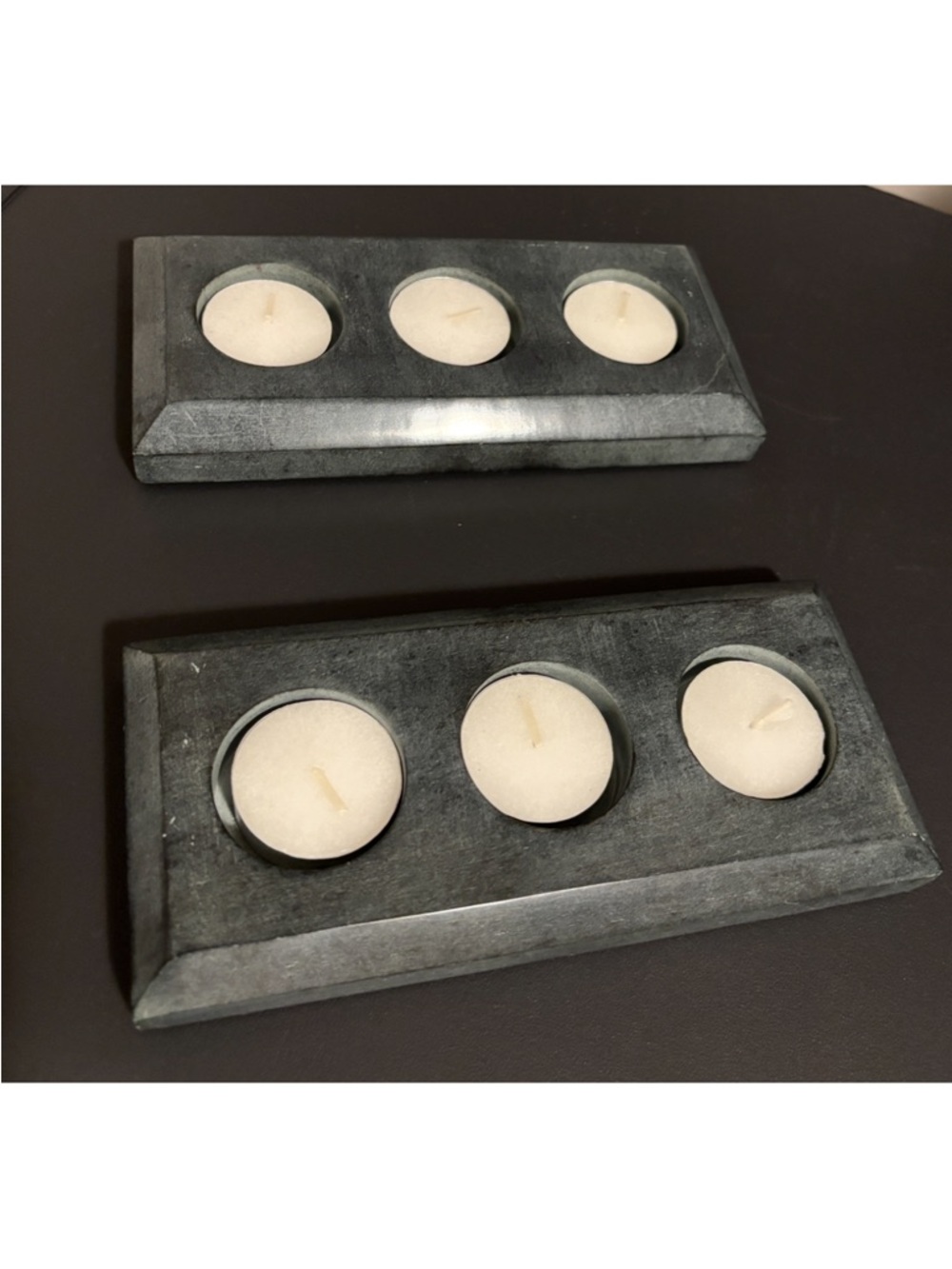 Set of Two Soap Stone Tea Light Candle Holders in a Dark Grey/Green Colour